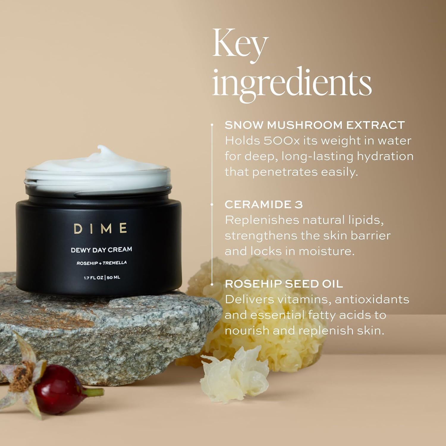 DIME Beauty Dewy Day Cream, Morning Face Moisturizer with Rosehip Oil and Tremella Snow Mushroom, 1.7 oz / 50 ml